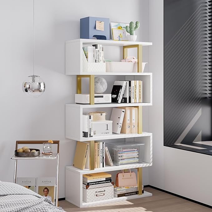 SORCEDAS Bookshelf Geometric Bookcase S Shaped Industrial Bookshelf Storage Display Stand Shelf for Living Room Bedroom and Office Room (White, 5 Tier)