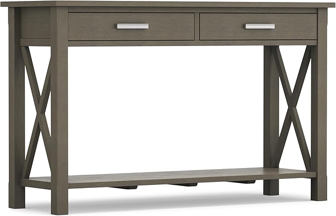 SIMPLIHOME Kitchener Console Table - 47 Inch Wide Solid Wood Sofa Table in Farmhouse Grey, Contemporary Storage Table for Entryway or Living Room with 2 Drawers, Bottom Shelf, and X-Design Side Panels