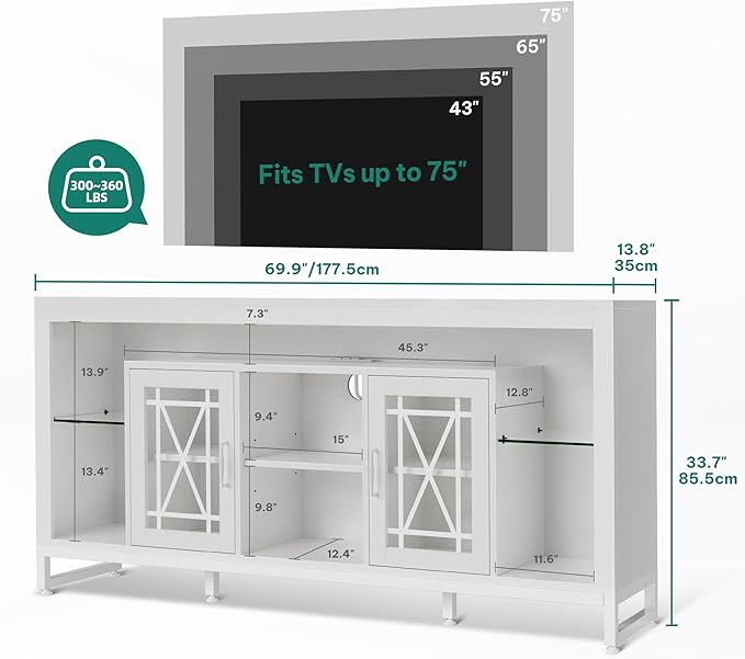 YITAHOME 33.5'' Tall TV Stand for 75 inch TV, LED Entertainment Center with Storage, Black TV Stands for Living Room with Acrylic Doors & Power Outlets, Tall TV Console Cabinet, White