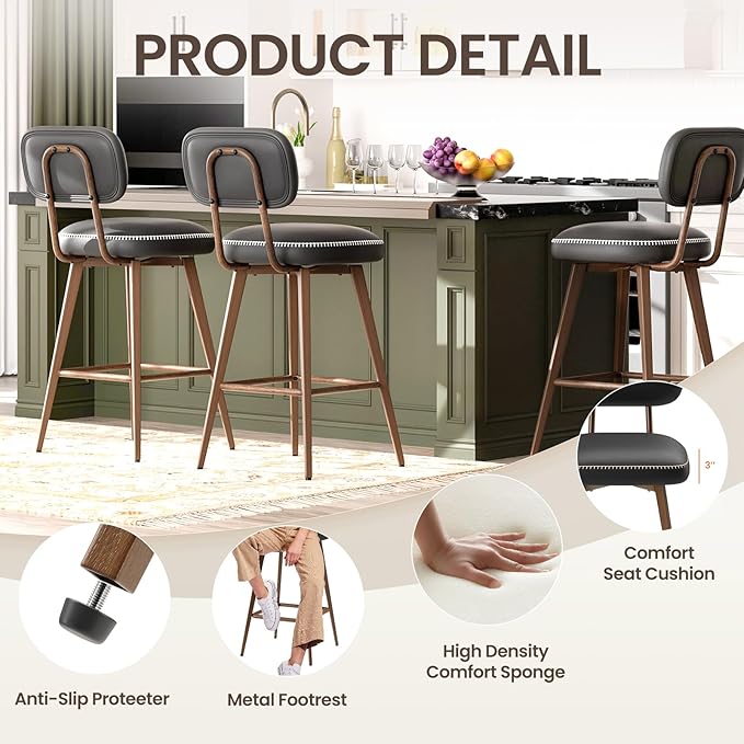 Swivel Bar Stools Set of 4, Mid Century PU Leather Counter Height Bar Chairs with Low Back and Metal Legs, Modern Bar Stool Chair for Kitchen Island, Black
