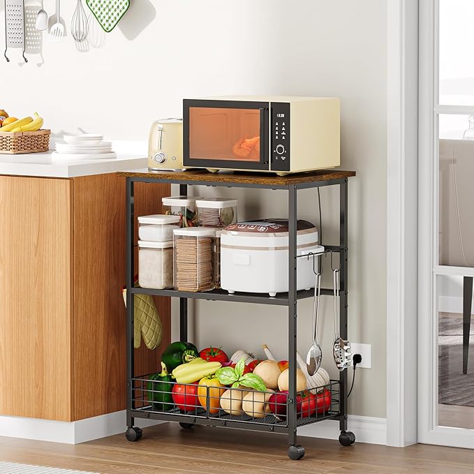 Rolling Kitchen Microwave Stand, 3-Tier Microwave Cart Table with Wood Top and Wire Basket, Coffee Bar Table on Lockable Wheels, Small Baker’s Rack Shelf Organizer for Kitchen, Dining Room, Office
