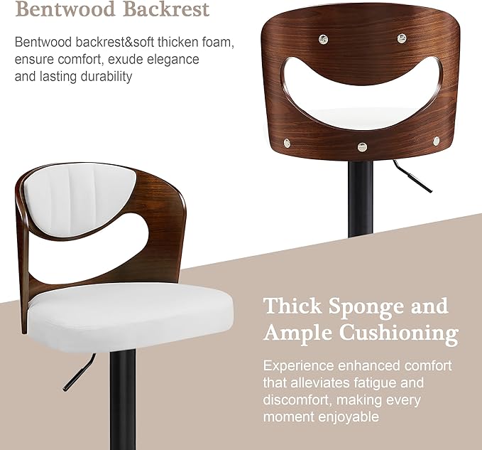 VECELO BarStools Set of 4,Kitchen Island Stools with Bentwood Back,Arm&Footrest,Counter Height Bar Chairs PU Leather Cushion Seat Adjustable Height 360°Swivel,Island Chairs for Club Pub,Creamy White