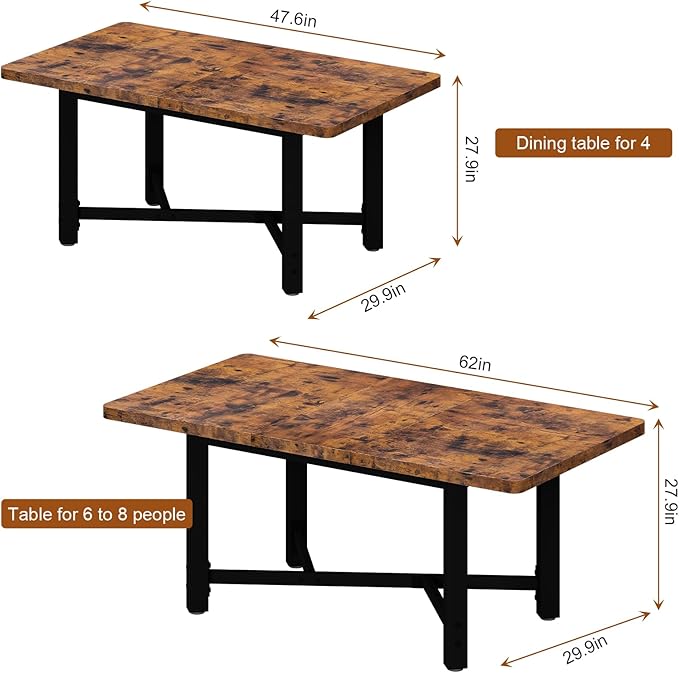 Dining Table for 4-6,62“Extendable Round Kitchen Dining Room Table, Space Saving Rectangle Large Expandable Wood Dinner Furniture for Small Space, Brwon（47-62In*28In*30In