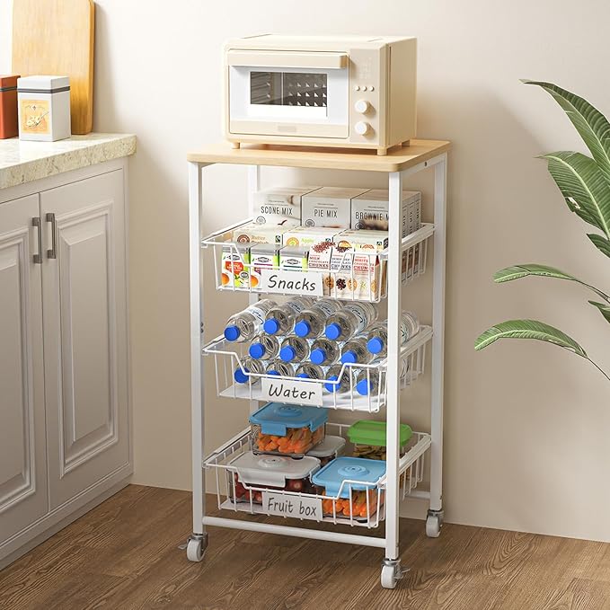 Fruit Vegetable Basket for Kitchen Pantry Storage Organizer, 4-Tier Metal Utility Kitchen Rolling Cart on Wheels with Drawer Rack and Wood Top for Potatoes Onions