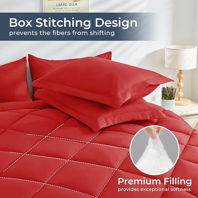 HEVUMYI Red Twin Comforter Set - 5-Piece All Season Bed in a Bag Twin, Ultra Soft Bedding Set with Comforter, Flat Sheet, Fitted Sheet, Pillowcases, Pillow Shams