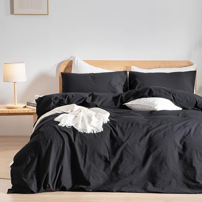 BESTOUCH Duvet Cover Set 100% Washed Cotton Linen Feel Super Soft Comfortable Chic Lightweight 3 PCs Home Bedding Set Solid Deep Black Oversized Full