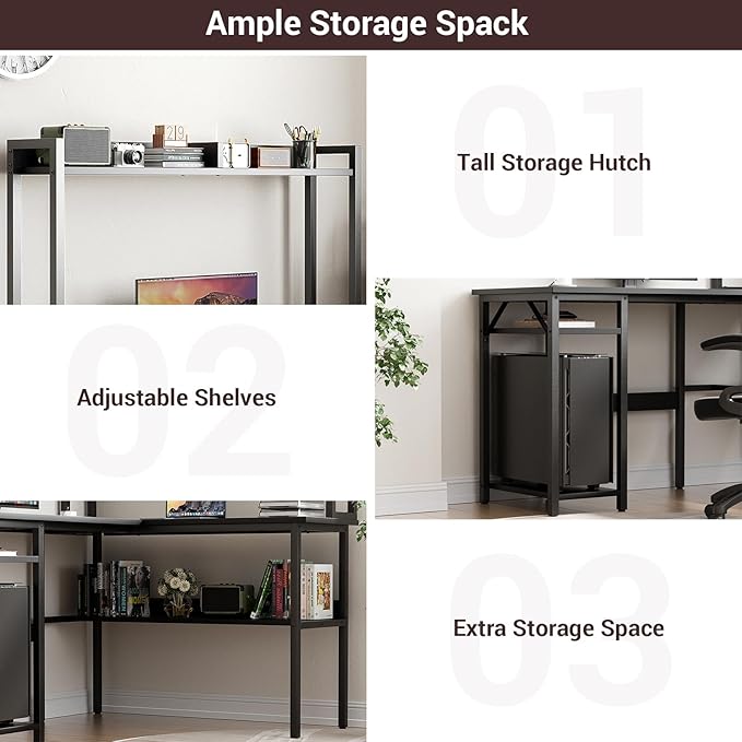 Unikito L Shaped Gaming Desk with LED Strip and Power Outlets, Reversible L-Shaped Computer Desk with Storage Shelves, Corner Desk with Hutch, 2 Person Home Office Desk, Black