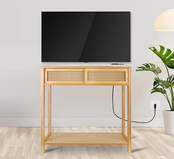 Console Table with Charging Station, Small Vanity Desk, 32" Console Tables for Entryway Table Rattan Dresser Entry Table Narrow Console Table Modern Hallway Table Boho Sofa Table for Living Room