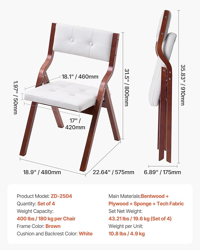 VEVOR Wooden Folding Chairs with Cushion, Set of 4, Portable Foldable Cushion Chair with Wooden Frame, Modern Padded Dining Chair for Kitchen, Office, Wedding, Party, Dining Room, Easy Assembly, White