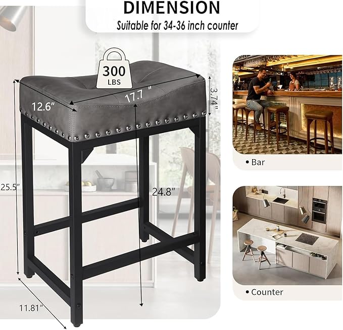 Counter Height Bar Stools Set of 3, Stools for Kitchen Island Set of 3, 24 Inch Counter Stool Saddle Backless Barstools for Kitchen Counter -Grey