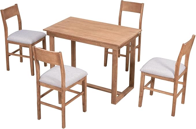 Merax Farmhouse Counter Height 5-Piece Dining Set with 1 Rectangular Table and 4 Upholstered Chairs for Small Places, Family Kitchen Furniture, Brown