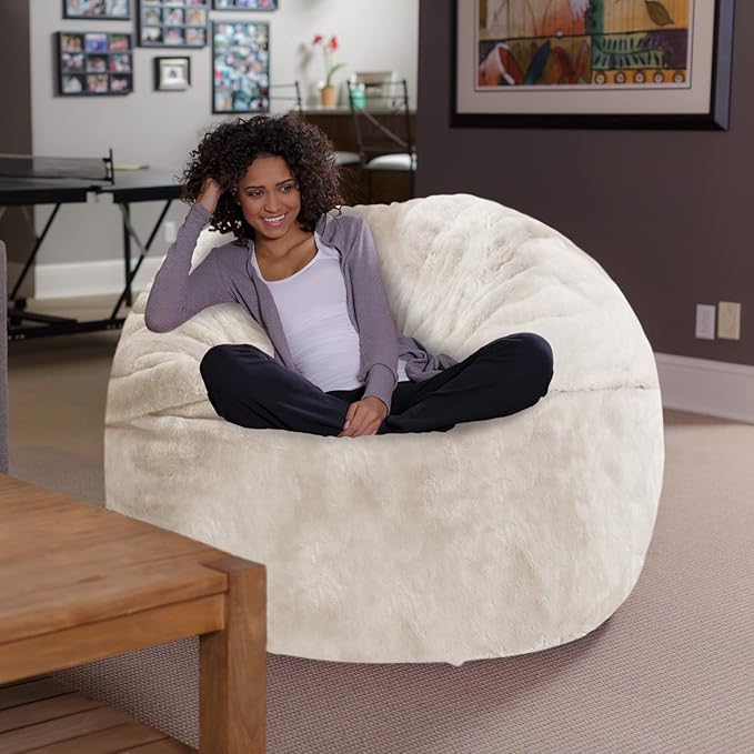 Sofa Sack Bean Bag Chair - Plush, Ultra Soft - Memory Foam Bean Bag Chair with Faux Rabbit Fur Cover - Stuffed Foam Filled Furniture and Accessories for Dorm Room 5 Feet - Cream