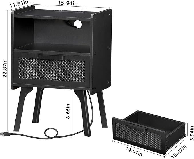 Lerliuo Rattan Nightstand with Charging Station, Side Table with Drawer Open Shelf, Cane Bedside End Table with Solid Wood Legs, Mid Century Night Stand for Bedroom, Dorm and Small Spaces (Black)