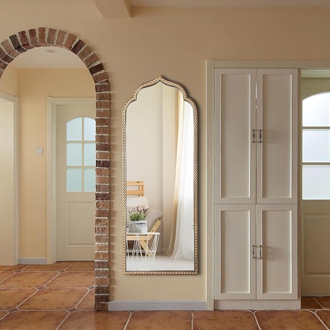 Large Arch Mirror, 20"x53" Gold Arched Floor Mirrors for Dressing, Metal Beaded Frame Decorative Vintage Mirror, Scalloped Full Length Mirrors for Living Room Bedroom Hallway Entryway