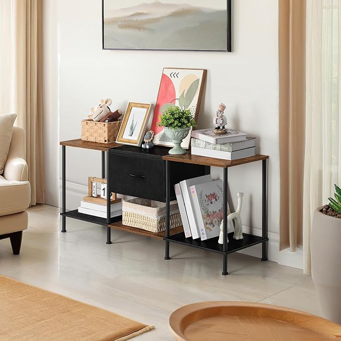 Vrisa TV Stand for 50/55 inch Television TV Cabinet with Open Storage TV Stands with Fabric Drawer Storage Organization TV Stands for Living Room Bedroom, Black+Brown