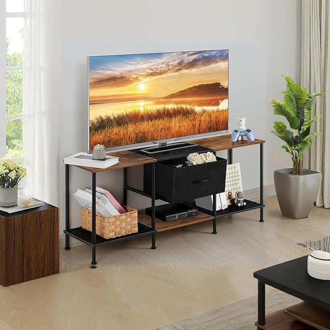 Vrisa TV Stand for 50/55 inch Television TV Cabinet with Open Storage TV Stands with Fabric Drawer Storage Organization TV Stands for Living Room Bedroom, Black+Brown