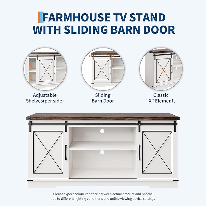 IDEALHOUSE Farmhouse TV Stand and Entertainment Center for Tv up to 65 inches with Sliding Barn Doors, Tv Media Console Table with Storage Cabinet for Living Room, White & Brown
