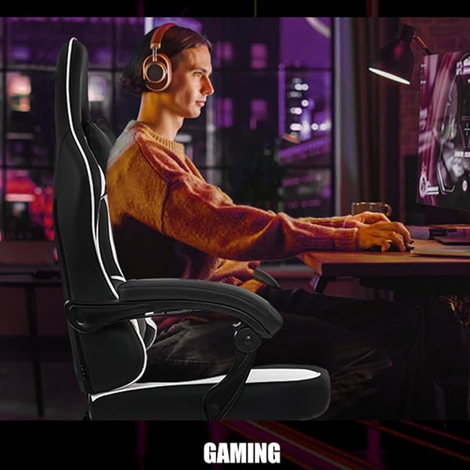 Gaming Chair for Adults and Teens, Ergonomic Leather Video Game Chairs with Footrest, Wide Seat, Reclining Back, Neck & Lumbar Support, Adjustable Swivel Computer Desk Chair, Black/White