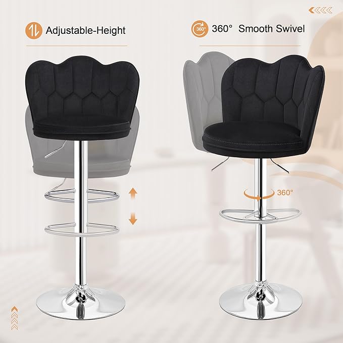 VECELO Bar Stools Set of 4, Adjustable Barstools with Back, Velvet Armless Counter Height Stool Kitchen Island Stool Swivel Bar Chairs for Pub Dining Room Living Room, Black
