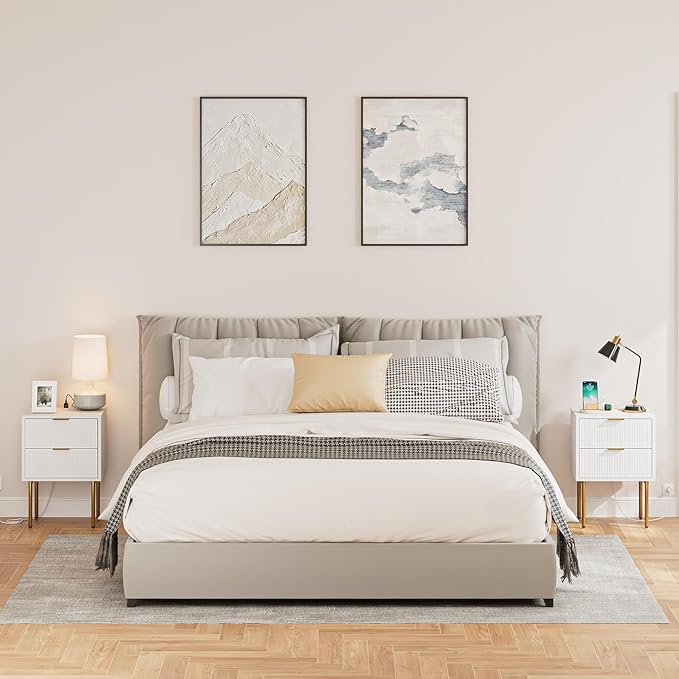 Nightstand,Small Bedside Table with Gold Frame,Morden Night Stand with 2 Drawer,End Table,Side Table with Drawer and Shelf for Bedroom,Living Room (White-2Drawer-Outlet)
