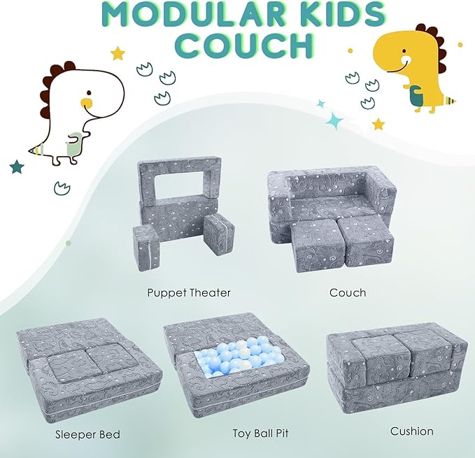 MeMoreCool Glow-in-The-Dark Dinosaur Modular Kids Play Couch — Convertible Foam Sofa for Toddlers, Multi-Configuration Climbing & Fort Building Furniture with Washable Covers, Gray