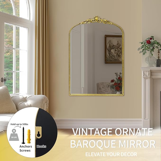 G-LEAF Vintage Baroque Mirror 24"X36", Arched Mantel Victorian Antique Farmhouse Mirror with Black Brush Gold Ornate Metal Frame for Fireplace Entryway Living Room Hallway Bathroom