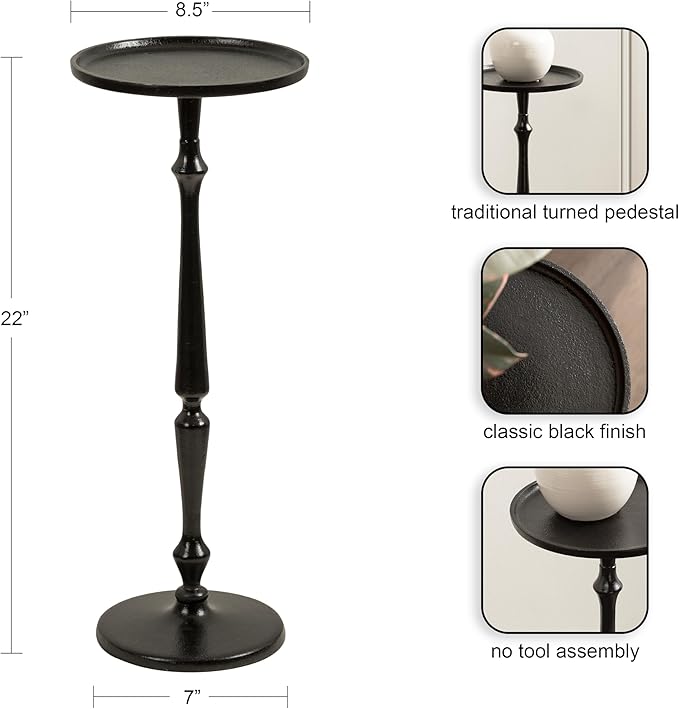 Kate and Laurel Carling Traditional Metal Round Drink Table, 9 x 9 x 22, Black, Vintage Cast Aluminum Accent Table with Unique Spindle Design for Use as Indoor Plant Stand or Living Room Decor Piece