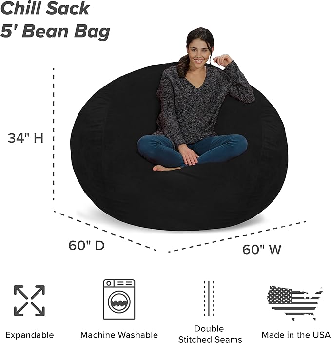 Chill Sack Bean Bag Chair - 5' Giant Memory Foam Lounge Chair with Soft Microfiber Cover – Cozy Furniture for Living Room, Dorm, & Kids' Rooms – Comfortable 5 Ft, Ultrafur Lounge Sofa, Black