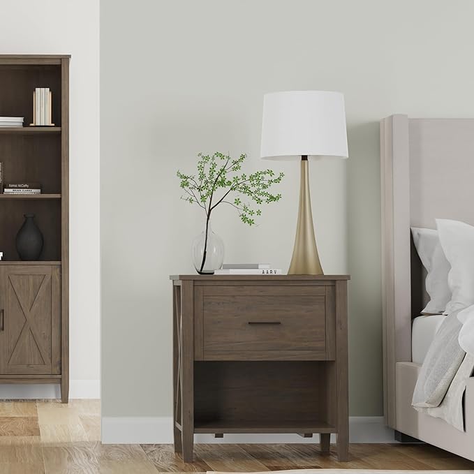 SIMPLIHOME Ela SOLID WOOD 24 Inch Wide Transitional Bedside Table in Smoky Brown, For the Living Room and Bedroom
