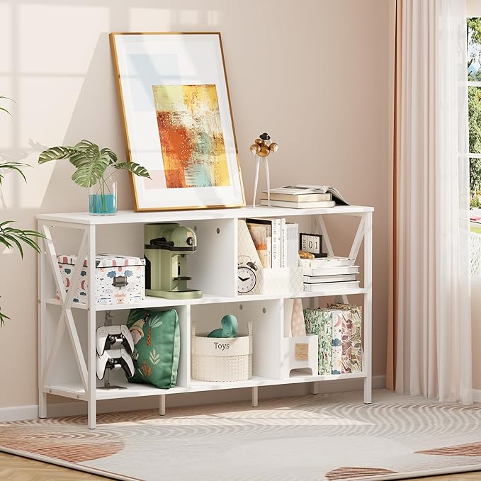 Horizontal Bookshelf,Industrial Modern 5 Cube Low Wide Cubby Bookcase,Long Wood and Metal Storage Organizer Open Shelf, Short Book Shelf Bedroom Storage for Home Office Living Room(White,5 Cube)