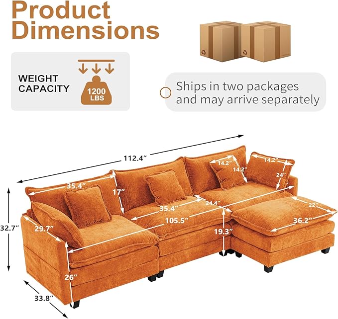 Furniliving 112‘’ L-Shaped Sofa, Luxury Chenille Modular Sectional Couches with Ottoman, Upholstered Deep Seat Sleeper Sofa with Memory Foam and Waist Pillows, Orange