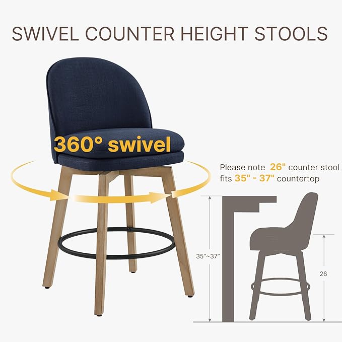 Counter Height Barstools 26 inch Upholstered Swivel Bar Stools with Back and Wood Legs for Kitchen Island,Set of 1,Blue Fabric-Armless