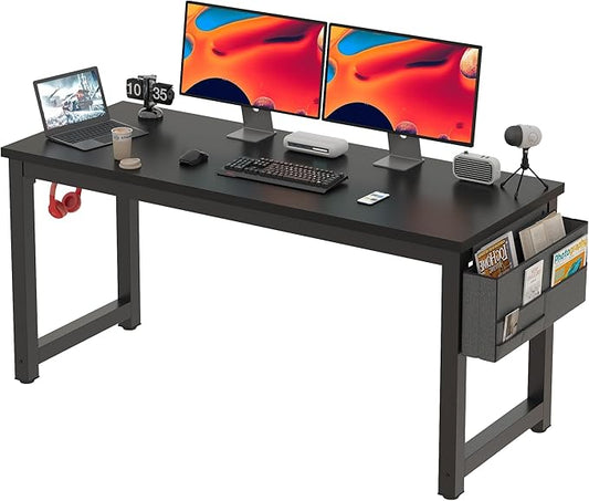 Large Computer Desk - 63 Inch Home Office Desks Study Student Writing Table Gaming Desk Wood Modern Simple Table with Storage Bag & Headphone Hooks, Black