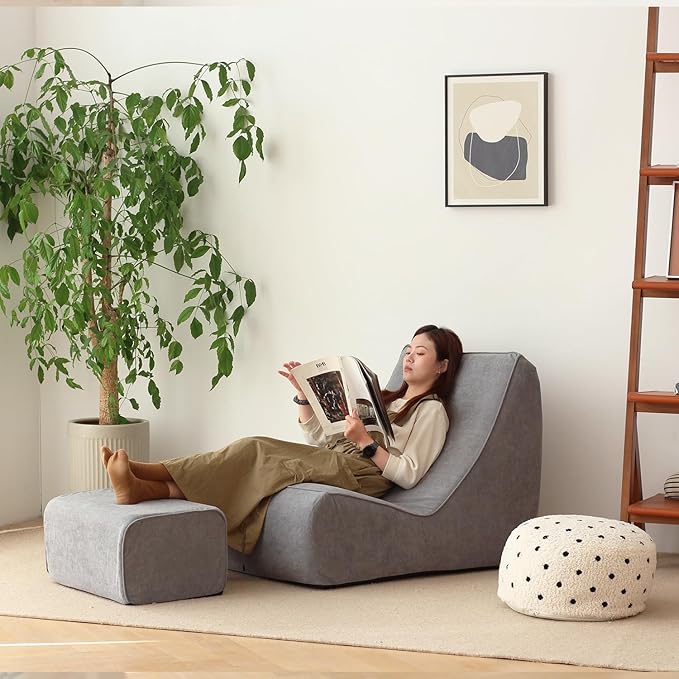 N&V Bean Bag Chair Single Seated Foam Sofa Armless Floor Sofa with High Density Foam Removable and Machine Washable Cover (Grey, Large, No Stripes)