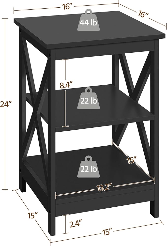 Yaheetech Black End Table Set of 2, 16x16x24 in Sturdy 3-Tier Side Tables with Storage Shelf & Solid Wood Legs, 2Pcs X-Design Modern Sofa Side Table for Living Room Office, Easy Assembly