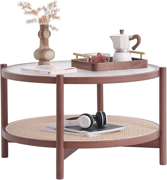 Tiita Rattan Coffee Table, Large Round End Table, 27.6 Inch Modern Side Table, Living Room Side Table, Glass Sofa End Table for Balcony and Office Outdoor/Indoor (Walnut)
