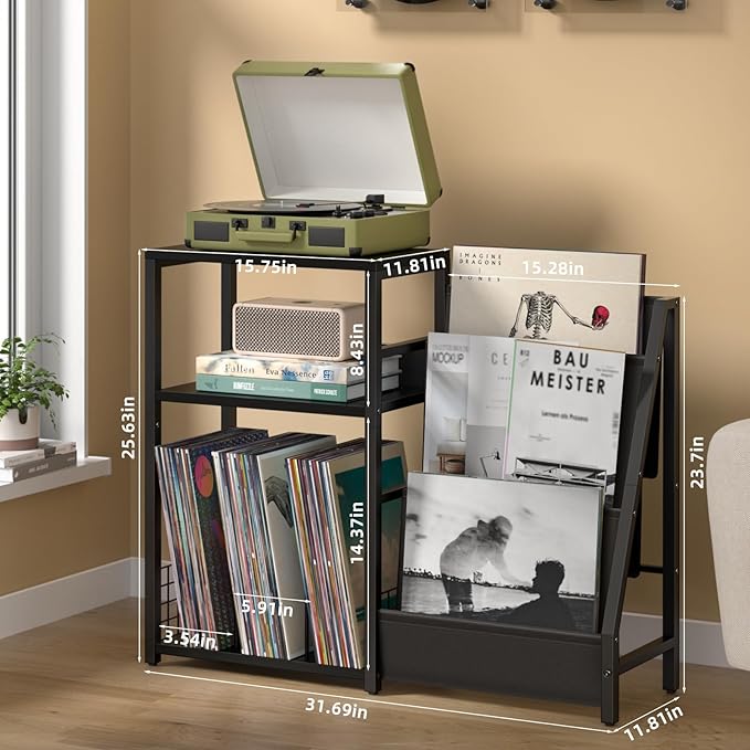LELELINKY Black End Table,Record Player Stand with Vinyl Storage,3 Tier Side Table with Display Shelf Storage Up to 150 Albums,Industrial Large Record Holder Cabinet for Living Room
