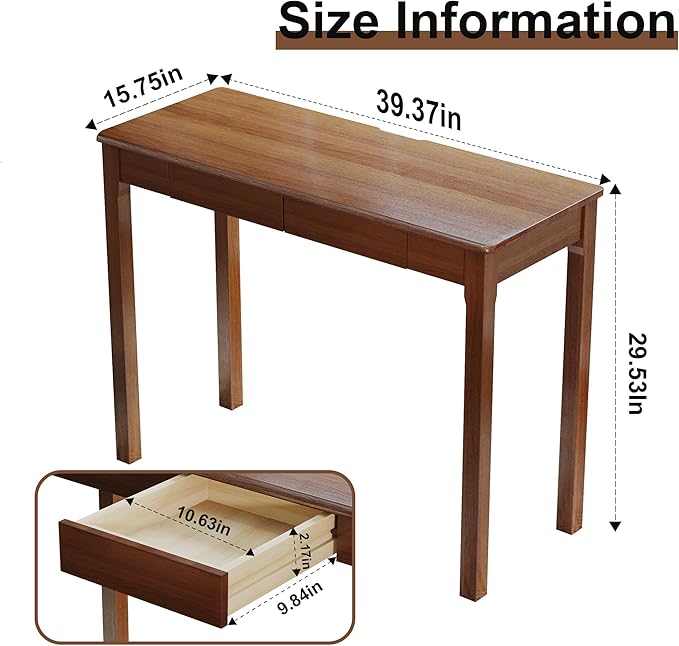 Solid Wood Desk with Drawers - 39 x 16 Inch Vintage Narrow Desks, Mid Century Modern Desks, Rubber Wood Study Table, Small Writing Desk for Bedroom|Small Spaces - Walnut Color