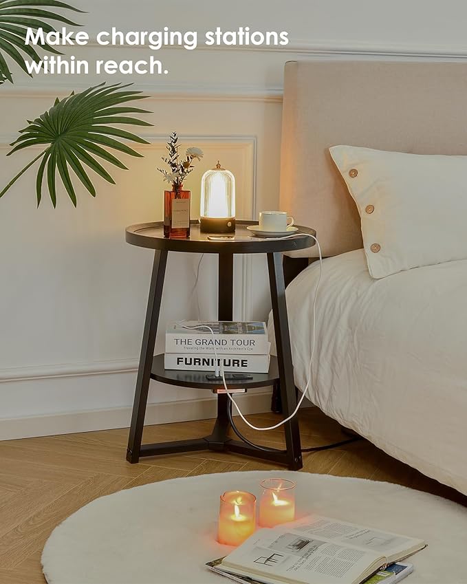Round End Table with Charging Station, 19.7" Dia x 23.63" H, Side Table with Storage Shelf, Accent Table, for Living Room, Bedroom, Small Spaces, Metal Frame, Industrial Style (Black)