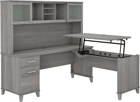 Bush Furniture Somerset 72W 3 Position Sit to Stand L Shaped Desk with Hutch in Platinum Gray | Adjustable Height Table for Office