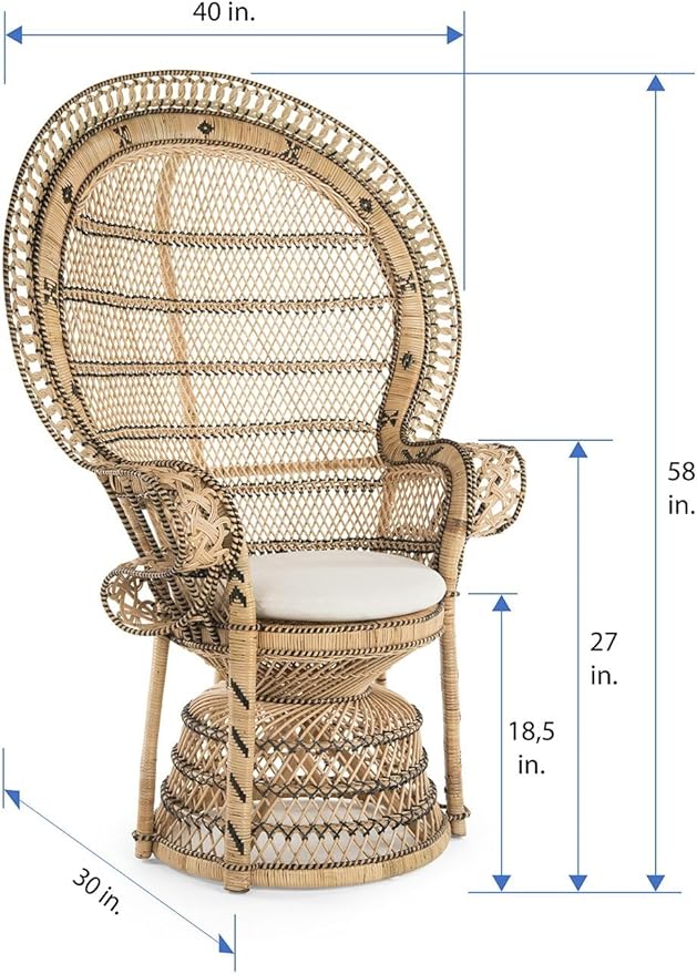 KOUBOO Grand Pecock Retro Peacock Chair in Rattan with Seat Cushion, Natural Color, Large