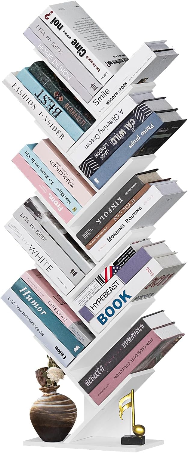 10 Tier Tree Book Shelf, Floor Standing Wood Bookshelf for Narrow Space, Storage Organizer Bookshelves for Books/CDs/Magazine, Bookcase with Shelves for Home Office, Living Room - White