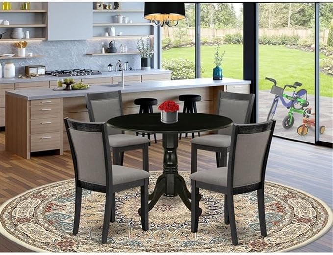 East West Furniture DLMZ5-AB6-50 5 Piece Dining Room Furniture Set Includes a Round Dining Table with Dropleaf and 4 Dark Gotham Grey Linen Fabric Parson Chairs, 42x42 Inch, Wirebrushed Black