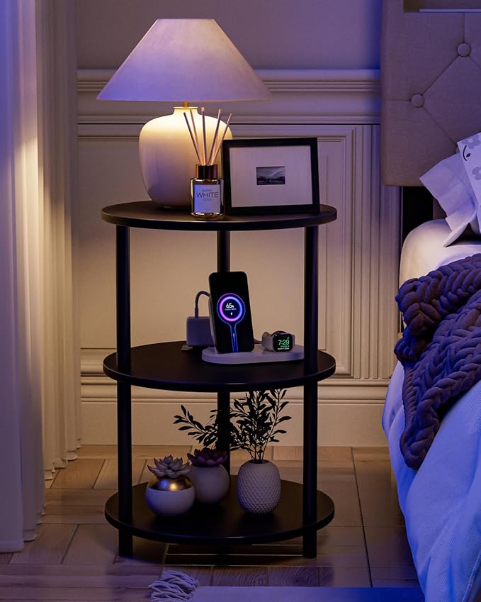 Small Round End Table - 3 Tier Design Accent Table, Narrow Side or Bedside Stand, Industrial Vintage Table for Small Spaces, Built-in USB Ports and Power Outlet, Charcoal Wenge