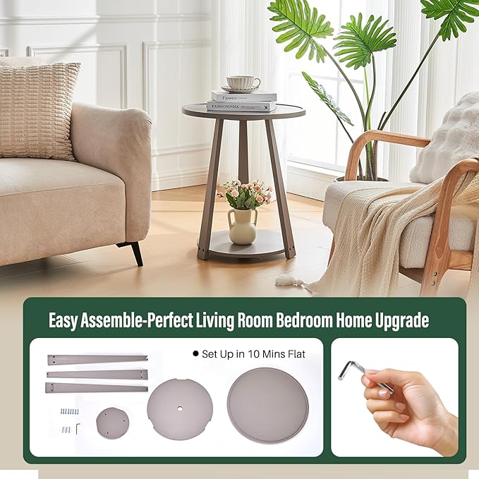 Round Solid Wood Side Table - Small Round Wooden End Table, Modern Living Room Beside Side Tables with Shelf for Couch Sofa Bedroom, Gray, 19.6 in x 19.6 in x 23.6 in