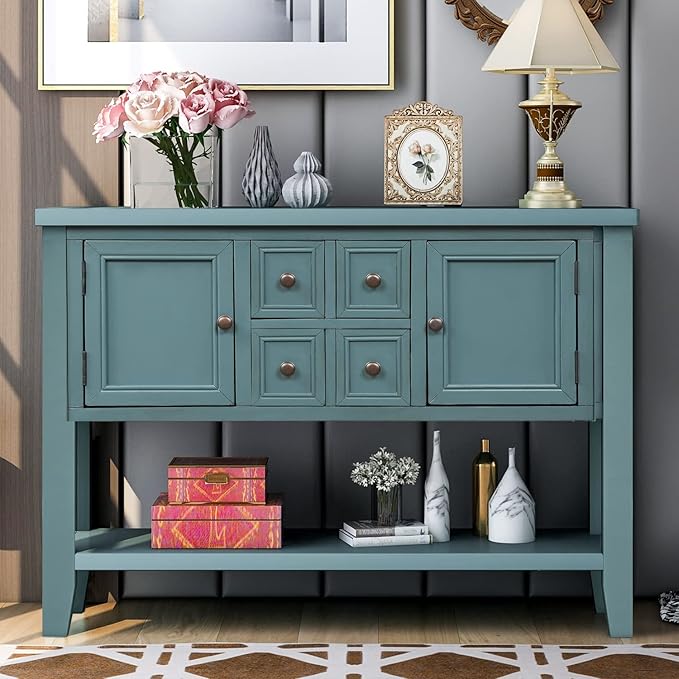 Merax Wood Farmhouse Buffet Table with Storage Shelf, 2 Drawers and Cabinets Buffet Coffee Bar Cabinet for Living Room Dinning Room Kitchen (Dark Blue)