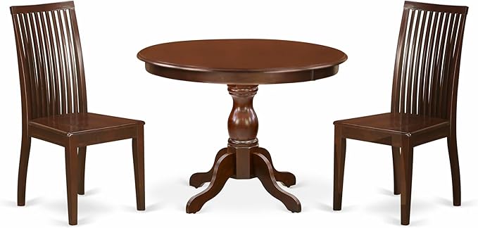 East West Furniture HBIP3-MAH-W 3 Piece Dining Table Set for Small Spaces Contains a Round Dining Room Table with Pedestal and 2 Wood Seat Chairs, 42x42 Inch, Mahogany