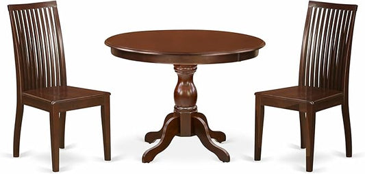 East West Furniture HBIP3-MAH-W 3 Piece Dining Table Set for Small Spaces Contains a Round Dining Room Table with Pedestal and 2 Wood Seat Chairs, 42x42 Inch, Mahogany