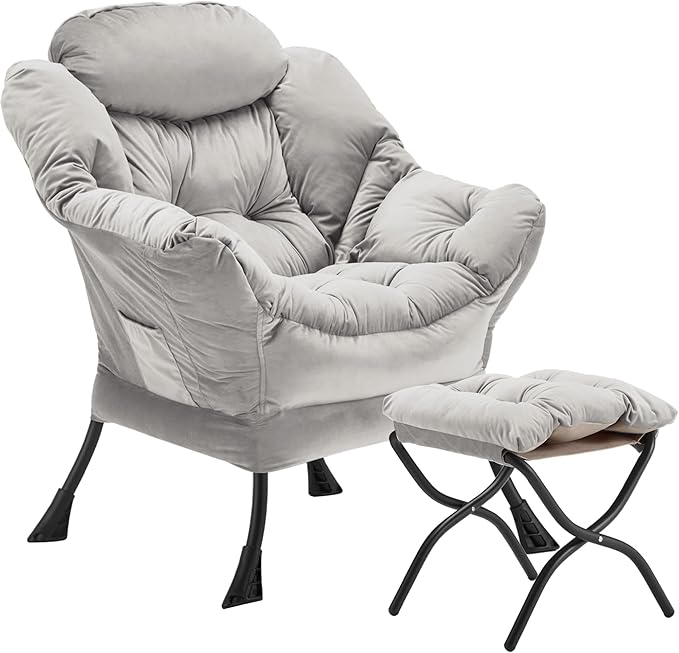 Lazy Chair with Folding Ottoman, Accent Chair Velvet Upholstered with Metal Structure and Non-Slip Pads, Sofa Armchair with Footrest and Side Storage Bag for Dorm, Room, Office, Light Gray