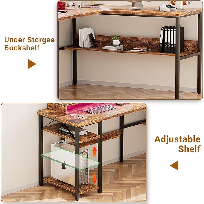 Unikito L Shaped Computer Desk with Magic Power Outlets and Smart LED Light, Sturdy Reversible Corner Desk with Monitor Stand & Storage Shelves, Home Office Work Desk, Easy to Assemble, Rustic